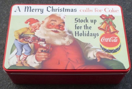 4058-1 € 5,00 coca cola ijzeren voorraadblik kerstman met kabouter  B20cm D13cm H7cm